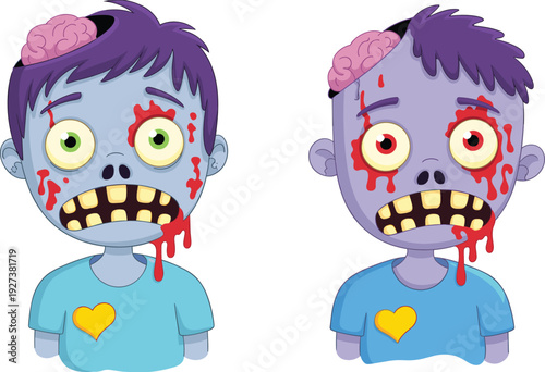 Cartoon zombie duo illustration with exposed brains, colorful eyes, dripping details, and tattered clothing, playful horror artwork for Halloween, comics, and creative projects
