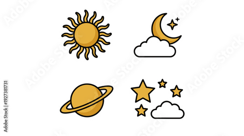 Stylized Celestial and Weather Icons: Sun, Moon, Planet, Stars, and Clouds Vector Set