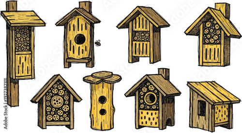 Collection of various wooden solitary bee hotel nesting house illustrations