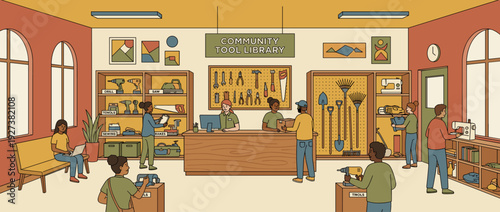 Flat vector illustration of a modern community tool library where diverse people borrow shared equipment like drills, saws, and sewing machines. A sustainable neighborhood hub for DIY projects.