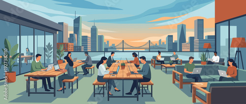 Modern Coworking Rooftop Terrace Vector Illustration with Diverse Professionals Working on Laptops, Outdoor Office Space with City Skyline View, Skyscrapers, Bridge, and Sunset Urban Landscape