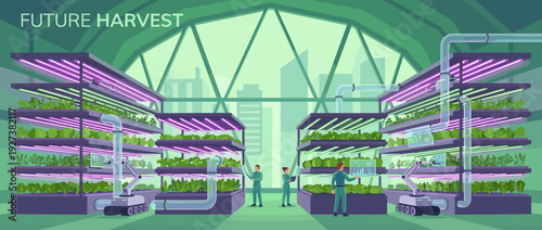 Futuristic vertical indoor farm with LED grow lights and automated robotics. Scientists monitoring hydroponic salad greens in a modern greenhouse for sustainable urban agriculture and food production.