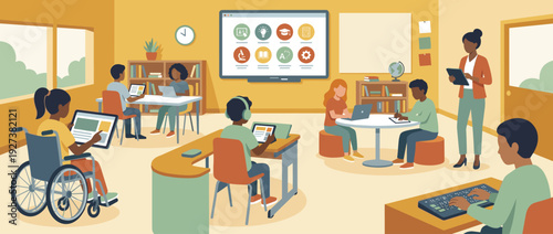 Inclusive Classroom Flat Vector Illustration with Diverse Students Using Assistive Technology, Braille Keyboards, Wheelchairs, and Interactive Digital Learning Tools for Modern Education.