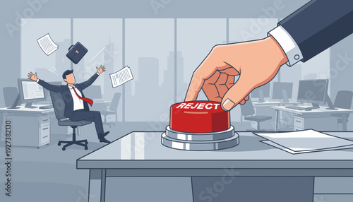 Giant Hand Pressing Red Reject Button in Office Setting Causing Businessman to be Fired and Thrown Back from Desk with Flying Papers and Briefcase, Concept of Job Dismissal and Corporate Layoff