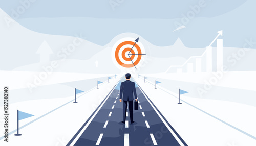 Businessman Standing on Road Leading to Target for Business Goal Concept. Success Strategy, Career Path, Financial Growth, and Achievement Vector Illustration for Corporate Vision and Progress.