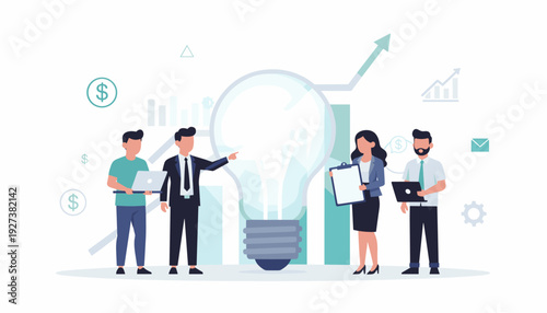 Business Innovation and Creative Idea Concept with Professional Team Working Together Around a Large Glowing Light Bulb for Financial Growth, Success, Strategy, and Startup Solution Illustration