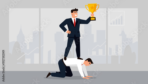 Successful businessman holding a gold trophy while standing on the back of a crawling employee, conceptual illustration of toxic leadership, corporate exploitation, and unfair competition.