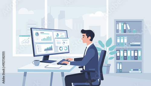 Professional Businessman or Marketer Working at a Computer in a Modern Office with Data Charts on Screen. Flat Vector Illustration of a Financial Analyst, Programmer, or Manager at a Desk.