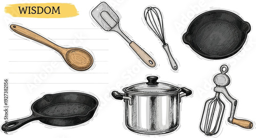 Various cooking utensils and cast iron cookware vector illustration elements set