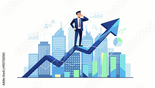 Successful Businessman or Investor Standing on an Upward Growth Arrow with City Skyline and Financial Data Charts Background, Visionary Leadership and Market Analysis Vector Illustration.