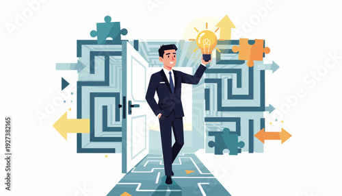 Businessman in a suit holding a glowing lightbulb while exiting a complex maze through an open door, representing successful problem solving, innovative ideas, and strategic business leadership.
