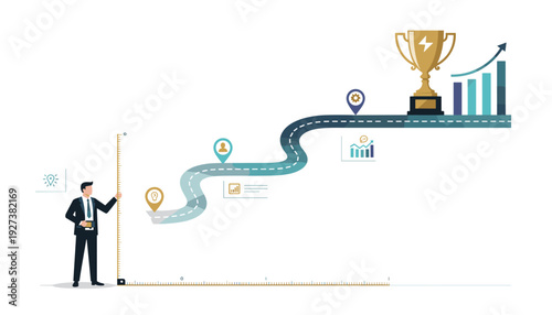 Businessman Measuring Winding Path to Success with a Ruler, Concept of Strategic Planning, Business Growth, Achievement, Milestones, and Reaching Goals with Trophy and Progress Chart Illustration