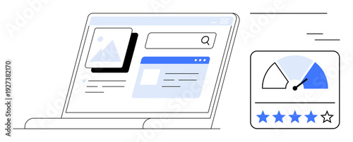 Website performance concept. Website performance visualizes user ratings, analytics, and efficiency improvements. Website performance data aids SEO, business strategy, development, and UX design