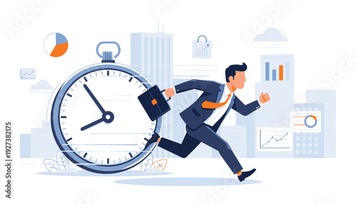 Busy Businessman in a Suit Running in a Hurry Against a Giant Stopwatch with City Buildings and Financial Data Charts, Representing Time Management, Deadlines, Punctuality, and Productivity.