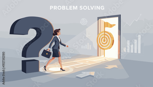 Businesswoman Walking from a Large Question Mark Towards an Open Door with a Target and Flag, Representing Problem Solving, Goal Achievement, Strategic Thinking, and Career Success Vector Illustration