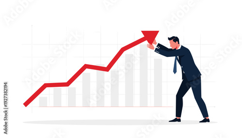 Businessman Pushing Down Red Arrow on Bar Chart for Cost Reduction Management, Financial Crisis, Market Crash, Economic Downturn, and Business Strategy for Profit Optimization Illustration.