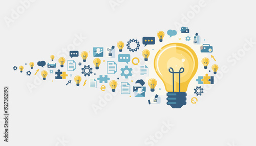 Creativity and Brainstorming Concept Vector Illustration with Large Glowing Light Bulb and Small Icons Representing Ideas, Innovation, Collaboration, and Business Strategy Solutions on White.
