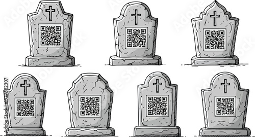 Vector illustration set of gravestones featuring modern digital QR codes
