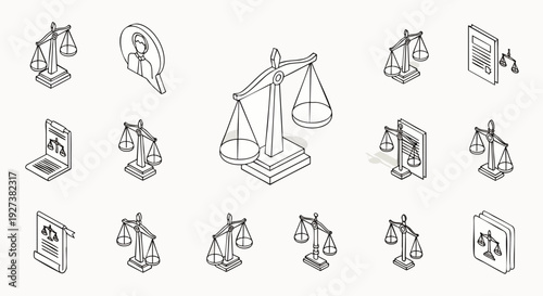 Isometric line art icons set illustrating justice, law, and the legal system. Includes scales of justice, gavels, and legal documents for ethical design.