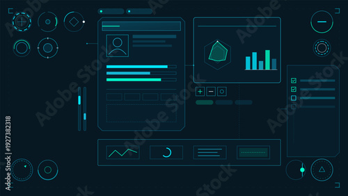 Futuristic digital dashboard with data visualization elements and user interface components on a dark background for technology concepts