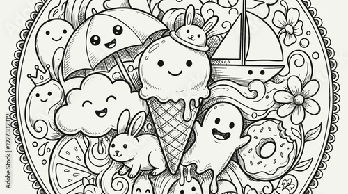 Whimsical Kawaii Doodle Mandala Coloring Page: Cute Ice Cream, Bunnies, Clouds & More for Creative Fun, Relaxation & Stress Relief