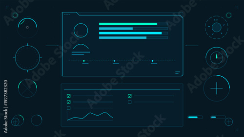 Futuristic heads up display with digital data visualization elements and user interface components on dark background