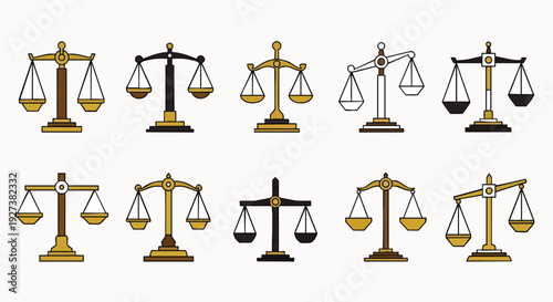 Set of diverse balance scales icons representing justice, law, equality, and measurement, isolated on white background. Vector illustration for legal concepts.