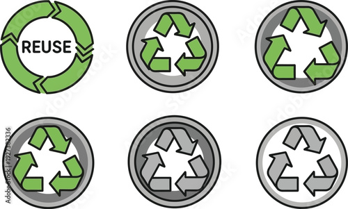 Modern vector illustration featuring various recycling and reuse environmental graphic designs