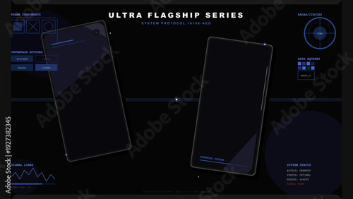 Futuristic smartphone user interface with digital HUD elements and system data visualization on dark background