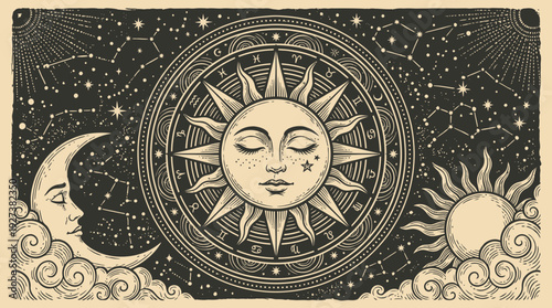 Celestial Sun Moon Zodiac Astrology Illustration - Vintage Engraved Art