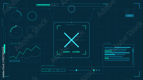 Futuristic digital head up display interface with data visualization charts and security alert system on dark blue grid background