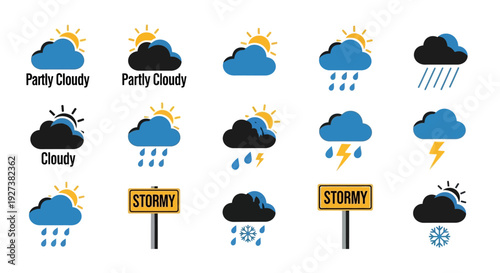 Weather Forecast Icons: Sunny, Cloudy, Rainy, Stormy, Snowy Conditions