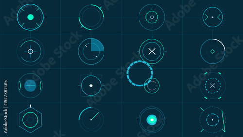 Futuristic HUD interface elements with circular targets and digital crosshairs for high tech user interface design on dark background