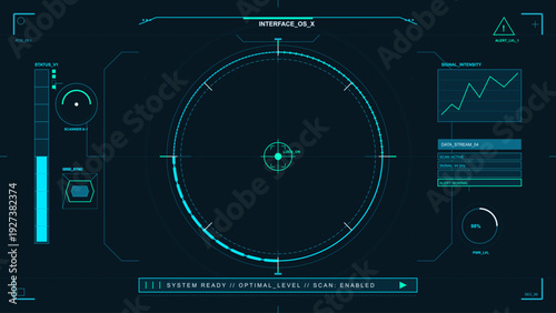 Cyan futuristic head up display interface with circular scanner and data visualization elements for sci-fi technology concept