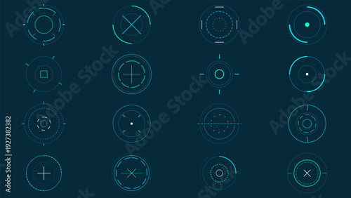 Futuristic HUD interface elements set with circular aim targets and digital tracking symbols on dark background