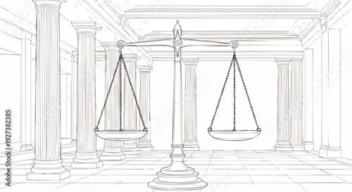 Monochrome line art sketch of classic scales of justice in a grand hall with ancient Greek columns, symbolizing law, balance, and legal proceedings.