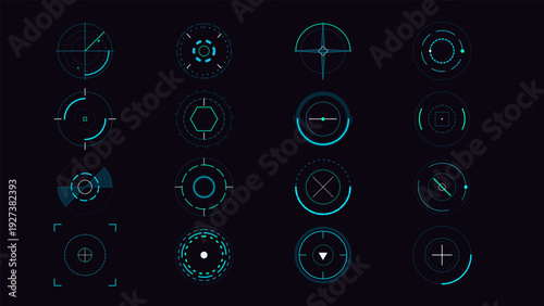Futuristic HUD interface elements with circular targets and radar displays on dark background for sci-fi user interface design