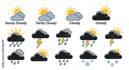 Weather Forecast Icons: Sunny, Cloudy, Rainy, Stormy, Snowy Conditions