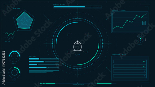 Futuristic digital head up display interface with data visualization charts and scanning elements on dark background