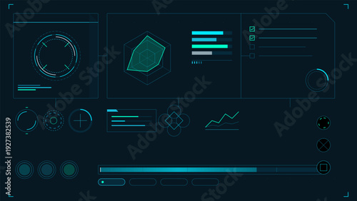 Futuristic digital head up display dashboard with data visualization elements and glowing cyan interface components on dark background