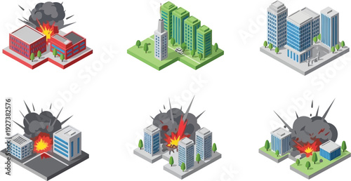 Isometric vector illustration of urban disaster impact and emergency management stages