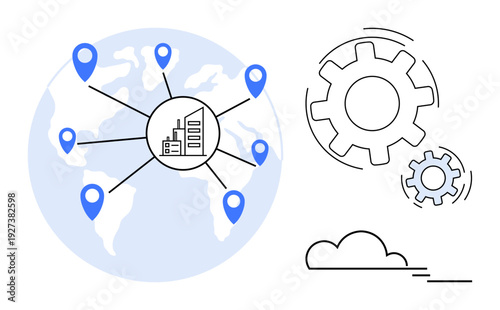Supply chain, global logistics, industrial processes, cloud technology, manufacturing, business operations. Factory connected to global locations. Supply chain and global logistics concepts