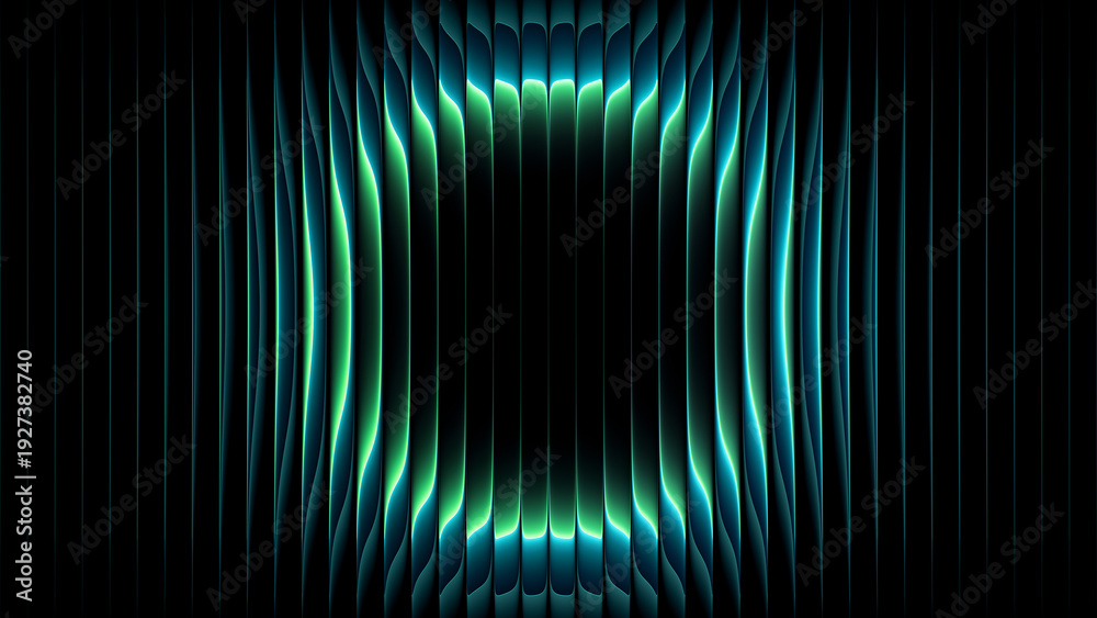 Fototapeta premium Circular gradient refracted through ribbed glass with luminous teal emerald glowing. Futuristic glowing circle behind vertical fluted glass for banner, poster, branding, technology showcase. 3d render