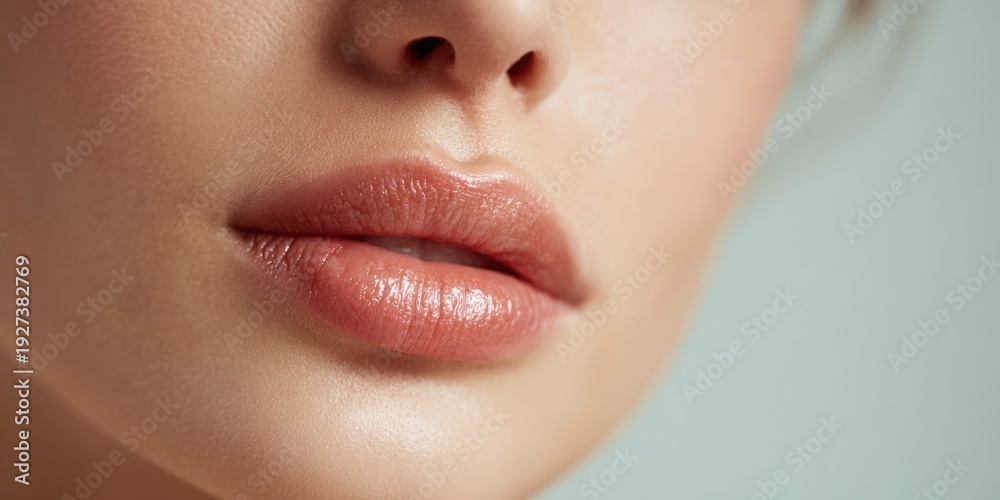 Fototapeta premium Close-up of a woman's full, luscious lips with subtle shimmer and natural skin texture