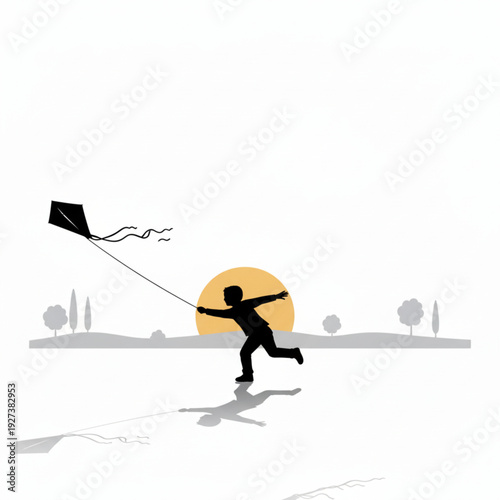 Silhouette of a Little Boy Running and Flying a Kite at Sunset on White Background