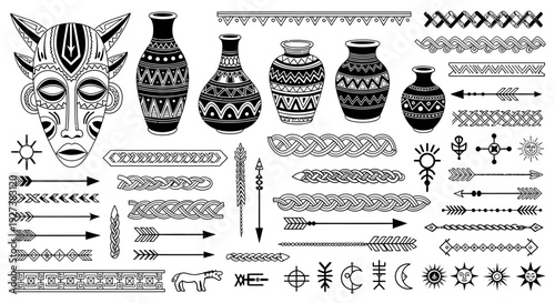 Tribal Mask and Ethnic Ornaments: African Art, Arrows, Sun Symbols, Pottery