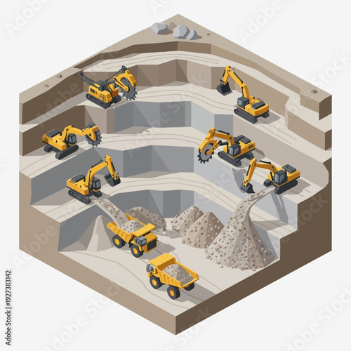 3D illustration of heavy machinery in an open pit mine.