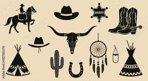Wild West Icons: Cowboy, Horse, Skull, Boots, Cactus, Teepee, Dreamcatcher
