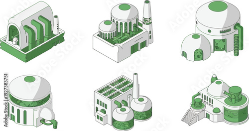 Isometric collection of sustainable bio-processing facilities vector illustration