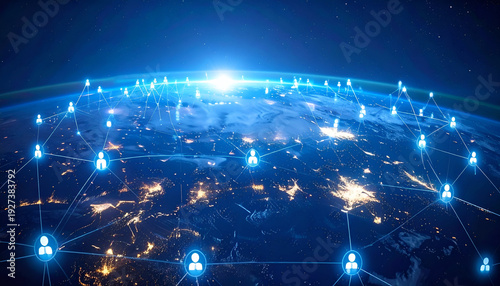 Online networking visualization with linked user nodes, conveying big data, community engagement, and digital relationships.